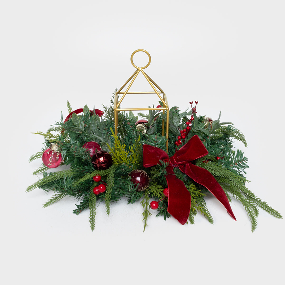 Red Reverie Centerpiece with Lantern Candle Holder
