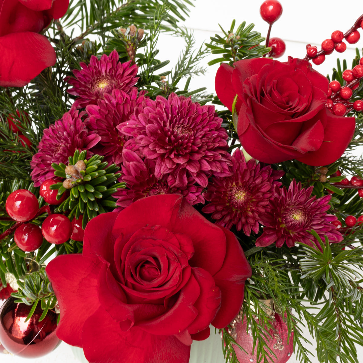 Red Reverie Real Pine & Roses Short Vase